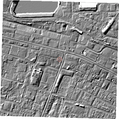 Shaded relief map of the ground around DN327ER, computed from Environment Agency LiDAR. The ground here sits at about 4 m above sea level and falls 9 m across the surrounding 800 m. Surface water reaching this point runs off ground lying to the north, 0.9 m higher.
