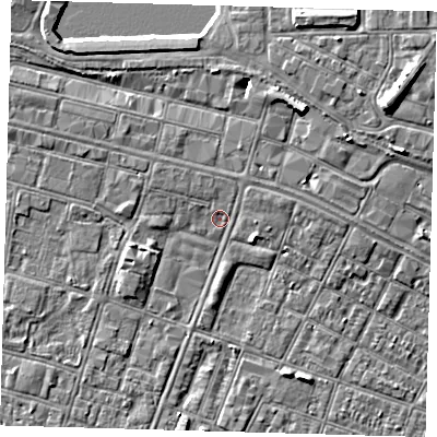 Shaded relief map of the ground around DN327ES, computed from Environment Agency LiDAR. The ground here sits at about 3 m above sea level and falls 9 m across the surrounding 800 m. Surface water reaching this point runs off ground lying to the north, 1.0 m higher.