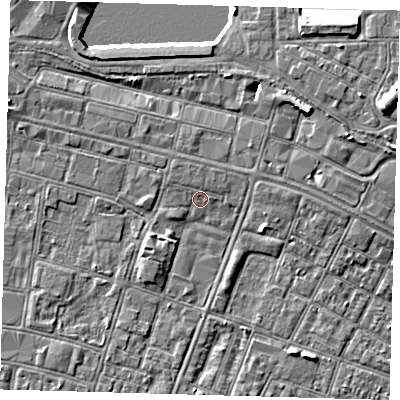 Shaded relief map of the ground around DN327EU, computed from Environment Agency LiDAR. The ground here sits at about 4 m above sea level and falls 9 m across the surrounding 800 m. Surface water reaching this point runs off ground lying to the north-west, 0.6 m higher.