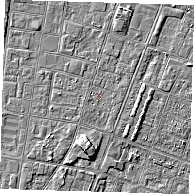 Shaded relief map of the ground around DN327EW, computed from Environment Agency LiDAR. The ground here sits at about 3 m above sea level and falls 5 m across the surrounding 800 m. Surface water reaching this point runs off ground lying to the south-west, 1.1 m higher.