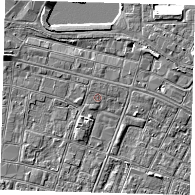 Shaded relief map of the ground around DN327EX, computed from Environment Agency LiDAR. The ground here sits at about 4 m above sea level and falls 6 m across the surrounding 800 m. Surface water reaching this point runs off ground lying to the north-north-west, 0.5 m higher.