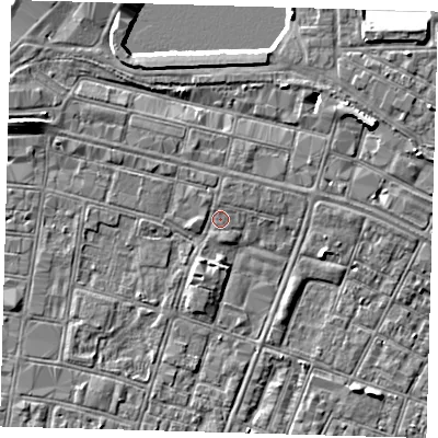 Shaded relief map of the ground around DN327EY, computed from Environment Agency LiDAR. The ground here sits at about 4 m above sea level and falls 6 m across the surrounding 800 m. Surface water reaching this point runs off ground lying to the north, 0.7 m higher.