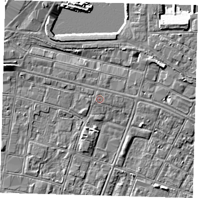 Shaded relief map of the ground around DN327EZ, computed from Environment Agency LiDAR. The ground here sits at about 4 m above sea level and falls 7 m across the surrounding 800 m. The ground contributing surface water to this point lies to the north-north-west.