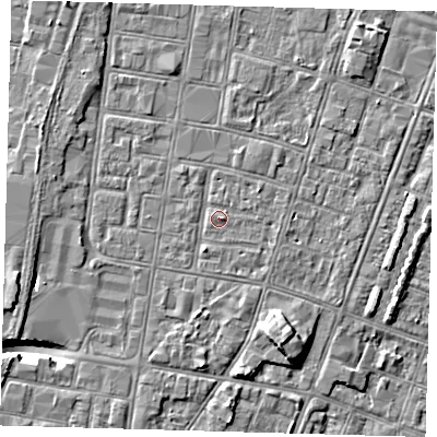 Shaded relief map of the ground around DN327FA, computed from Environment Agency LiDAR. The ground here sits at about 4 m above sea level and falls 9 m across the surrounding 800 m. Surface water reaching this point runs off ground lying to the east, 1.0 m higher.