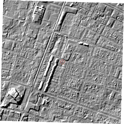 Shaded relief map of the ground around DN327FB, computed from Environment Agency LiDAR. The ground here sits at about 3 m above sea level and falls 5 m across the surrounding 800 m. Surface water reaching this point runs off ground lying to the west, 1.2 m higher.