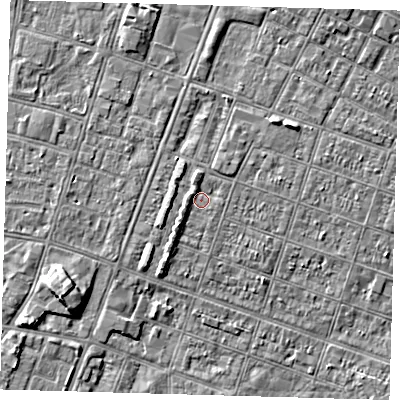 Shaded relief map of the ground around DN327FD, computed from Environment Agency LiDAR. The ground here sits at about 3 m above sea level and falls 5 m across the surrounding 800 m. Surface water reaching this point runs off ground lying to the west-south-west, 1.2 m higher.