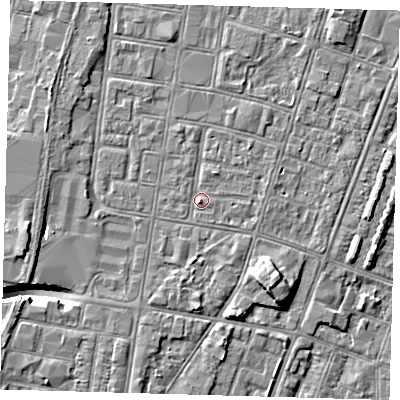 Shaded relief map of the ground around DN327FE, computed from Environment Agency LiDAR. The ground here sits at about 4 m above sea level and falls 9 m across the surrounding 800 m. Surface water reaching this point runs off ground lying to the south, 1.1 m higher.