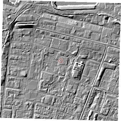 Shaded relief map of the ground around DN327HB, computed from Environment Agency LiDAR. The ground here sits at about 3 m above sea level and falls 7 m across the surrounding 800 m. Surface water reaching this point runs off ground lying to the east, 1.4 m higher.