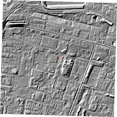 Shaded relief map of the ground around DN327HD, computed from Environment Agency LiDAR. The ground here sits at about 3 m above sea level and falls 7 m across the surrounding 800 m. Surface water reaching this point runs off ground lying to the east-south-east, 1.3 m higher.
