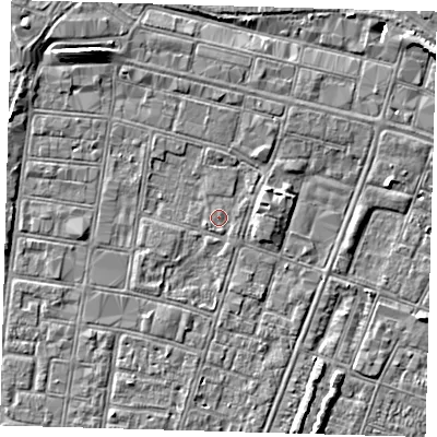 Shaded relief map of the ground around DN327HG, computed from Environment Agency LiDAR. The ground here sits at about 3 m above sea level and falls 6 m across the surrounding 800 m. Surface water reaching this point runs off ground lying to the east-north-east, 1.3 m higher.