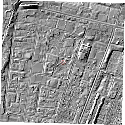 Shaded relief map of the ground around DN327HQ, computed from Environment Agency LiDAR. The ground here sits at about 3 m above sea level and falls 5 m across the surrounding 800 m. Surface water reaching this point runs off ground lying to the north-east, 1.3 m higher.