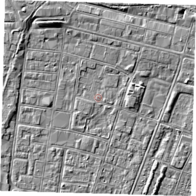 Shaded relief map of the ground around DN327HS, computed from Environment Agency LiDAR. The ground here sits at about 3 m above sea level and falls 6 m across the surrounding 800 m. Surface water reaching this point runs off ground lying to the north-west, 5.2 m higher.