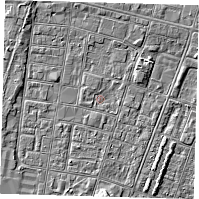 Shaded relief map of the ground around DN327HW, computed from Environment Agency LiDAR. The ground here sits at about 3 m above sea level and falls 4 m across the surrounding 800 m. Surface water reaching this point runs off ground lying to the south, 0.9 m higher.