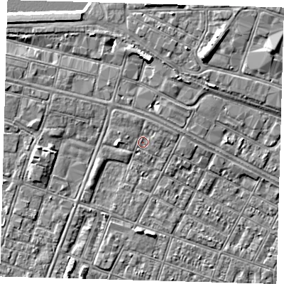 Shaded relief map of the ground around DN327JB, computed from Environment Agency LiDAR. The ground here sits at about 4 m above sea level and falls 9 m across the surrounding 800 m. Surface water reaching this point runs off ground lying to the north-east, 1.1 m higher.