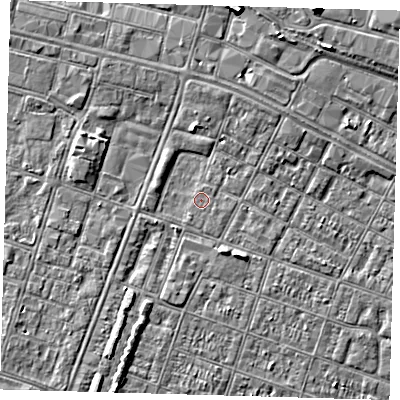 Shaded relief map of the ground around DN327JD, computed from Environment Agency LiDAR. The ground here sits at about 3 m above sea level and falls 7 m across the surrounding 800 m. Surface water reaching this point runs off ground lying to the south-east, 2.3 m higher.