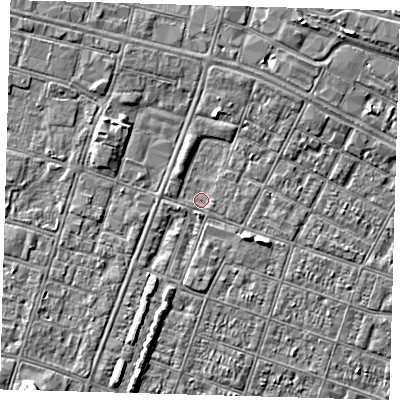 Shaded relief map of the ground around DN327JF, computed from Environment Agency LiDAR. The ground here sits at about 3 m above sea level and falls 4 m across the surrounding 800 m. Surface water reaching this point runs off ground lying to the south-east, 2.3 m higher.