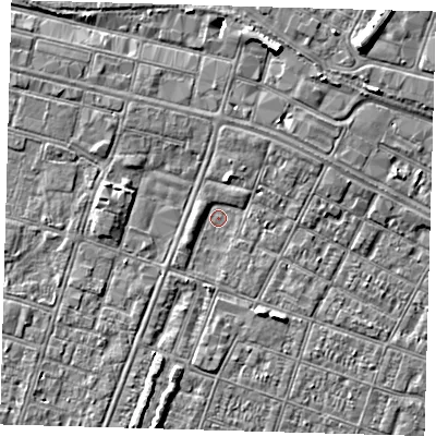 Shaded relief map of the ground around DN327JH, computed from Environment Agency LiDAR. The ground here sits at about 3 m above sea level and falls 8 m across the surrounding 800 m. Surface water reaching this point runs off ground lying to the south-south-east, 2.3 m higher.