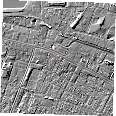 Shaded relief map of the ground around DN327JL, computed from Environment Agency LiDAR. The ground here sits at about 4 m above sea level and falls 8 m across the surrounding 800 m. The ground contributing surface water to this point lies to the north.