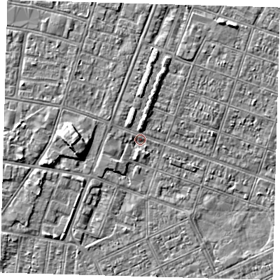 Shaded relief map of the ground around DN327JN, computed from Environment Agency LiDAR. The ground here sits at about 2 m above sea level and falls 5 m across the surrounding 800 m. Surface water reaching this point runs off ground lying to the west, 5.1 m higher.