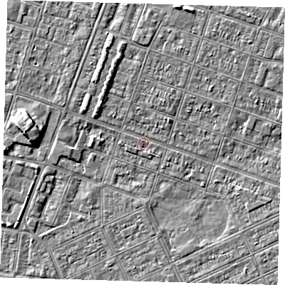 Shaded relief map of the ground around DN327JP, computed from Environment Agency LiDAR. The ground here sits at about 2 m above sea level and falls 5 m across the surrounding 800 m. Surface water reaching this point runs off ground lying to the north-north-west, 2.4 m higher.