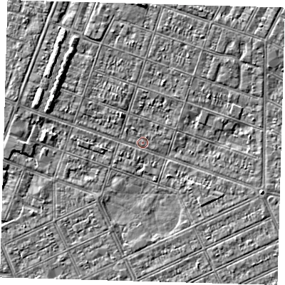 Shaded relief map of the ground around DN327JU, computed from Environment Agency LiDAR. The ground here sits at about 2 m above sea level and falls 3 m across the surrounding 800 m. Surface water reaching this point runs off ground lying to the north-west, 2.5 m higher.