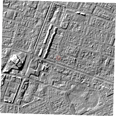 Shaded relief map of the ground around DN327JW, computed from Environment Agency LiDAR. The ground here sits at about 3 m above sea level and falls 5 m across the surrounding 800 m. Surface water reaching this point runs off ground lying to the north-north-west, 1.9 m higher.