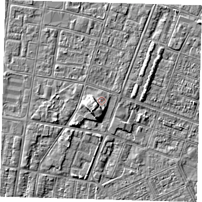 Shaded relief map of the ground around DN327JX, computed from Environment Agency LiDAR. The ground here sits at about 4 m above sea level and falls 5 m across the surrounding 800 m. Surface water reaching this point runs off ground lying to the south-west, 3.3 m higher.