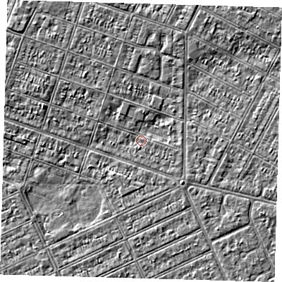 Shaded relief map of the ground around DN327LA, computed from Environment Agency LiDAR. The ground here sits at about 2 m above sea level and falls 3 m across the surrounding 800 m. Surface water reaching this point runs off ground lying to the north-west, 2.1 m higher.