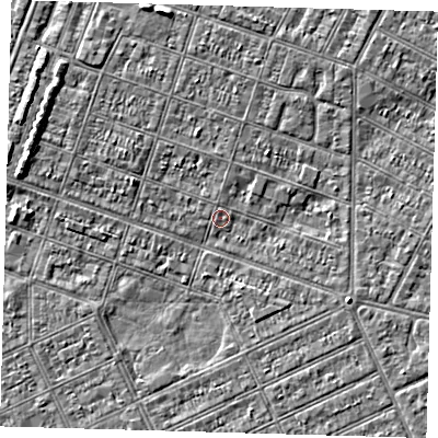 Shaded relief map of the ground around DN327LE, computed from Environment Agency LiDAR. The ground here sits at about 2 m above sea level and falls 3 m across the surrounding 800 m. The ground contributing surface water to this point lies to the north-north-west.