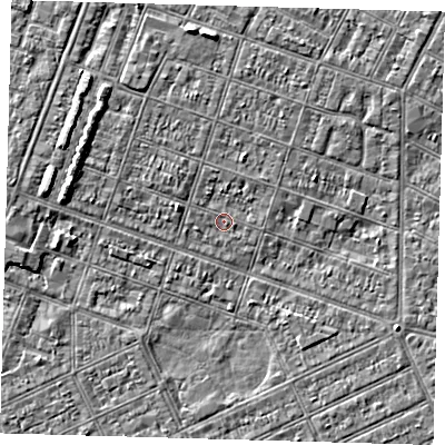 Shaded relief map of the ground around DN327LG, computed from Environment Agency LiDAR. The ground here sits at about 2 m above sea level and falls 3 m across the surrounding 800 m. Surface water reaching this point runs off ground lying to the north, 1.0 m higher.