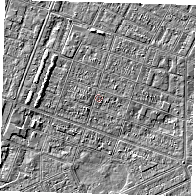 Shaded relief map of the ground around DN327LH, computed from Environment Agency LiDAR. The ground here sits at about 3 m above sea level and falls 3 m across the surrounding 800 m. Surface water reaching this point runs off ground lying to the west, 0.7 m higher.