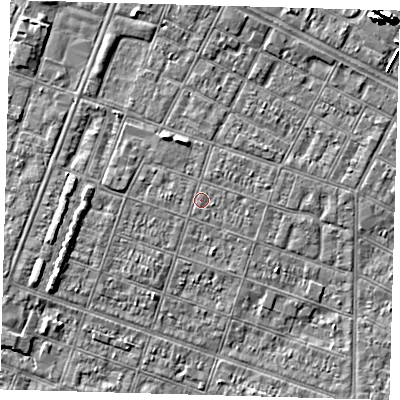 Shaded relief map of the ground around DN327LL, computed from Environment Agency LiDAR. The ground here sits at about 3 m above sea level and falls 8 m across the surrounding 800 m. Surface water reaching this point runs off ground lying to the north-north-west, 2.3 m higher.