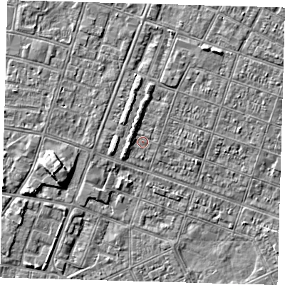 Shaded relief map of the ground around DN327LP, computed from Environment Agency LiDAR. The ground here sits at about 3 m above sea level and falls 5 m across the surrounding 800 m. Surface water reaching this point runs off ground lying to the north-north-west, 1.7 m higher.