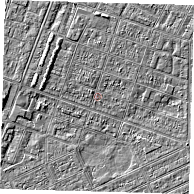 Shaded relief map of the ground around DN327LQ, computed from Environment Agency LiDAR. The ground here sits at about 3 m above sea level and falls 4 m across the surrounding 800 m. Surface water reaching this point runs off ground lying to the north-north-west, 1.0 m higher.