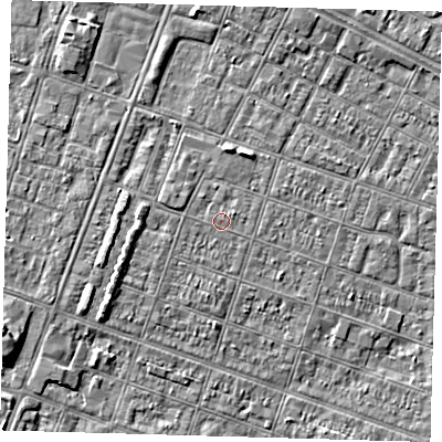 Shaded relief map of the ground around DN327LS, computed from Environment Agency LiDAR. The ground here sits at about 3 m above sea level and falls 5 m across the surrounding 800 m. The ground contributing surface water to this point lies to the north-north-east.