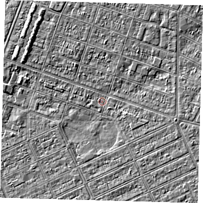 Shaded relief map of the ground around DN327LT, computed from Environment Agency LiDAR. The ground here sits at about 2 m above sea level and falls 3 m across the surrounding 800 m. Surface water reaching this point runs off ground lying to the north-west, 3.1 m higher.