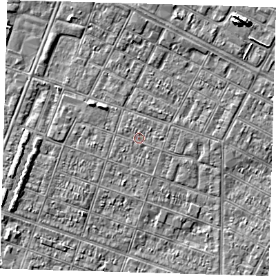 Shaded relief map of the ground around DN327LU, computed from Environment Agency LiDAR. The ground here sits at about 3 m above sea level and falls 8 m across the surrounding 800 m. The ground contributing surface water to this point lies to the east.