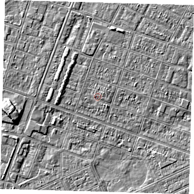 Shaded relief map of the ground around DN327LW, computed from Environment Agency LiDAR. The ground here sits at about 3 m above sea level and falls 5 m across the surrounding 800 m. Surface water reaching this point runs off ground lying to the north-north-west, 0.6 m higher.