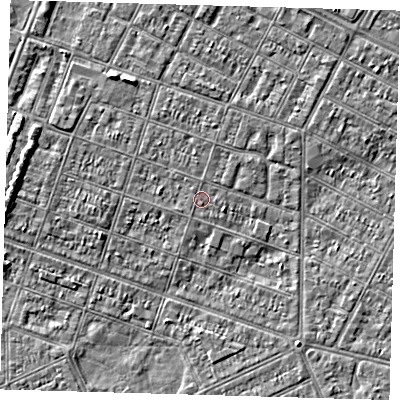 Shaded relief map of the ground around DN327NE, computed from Environment Agency LiDAR. The ground here sits at about 3 m above sea level and falls 3 m across the surrounding 800 m. Surface water reaching this point runs off ground lying to the north-north-west, 2.1 m higher.