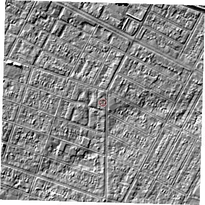Shaded relief map of the ground around DN327NU, computed from Environment Agency LiDAR. The ground here sits at about 3 m above sea level and falls 7 m across the surrounding 800 m. The ground contributing surface water to this point lies to the north-north-east.