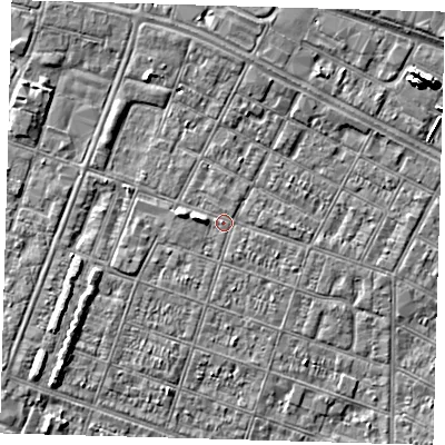 Shaded relief map of the ground around DN327PD, computed from Environment Agency LiDAR. The ground here sits at about 3 m above sea level and falls 7 m across the surrounding 800 m. Surface water reaching this point runs off ground lying to the west, 2.3 m higher.