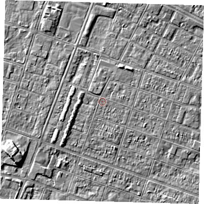 Shaded relief map of the ground around DN327PF, computed from Environment Agency LiDAR. The ground here sits at about 3 m above sea level and falls 5 m across the surrounding 800 m. Surface water reaching this point runs off ground lying to the west-north-west, 0.9 m higher.