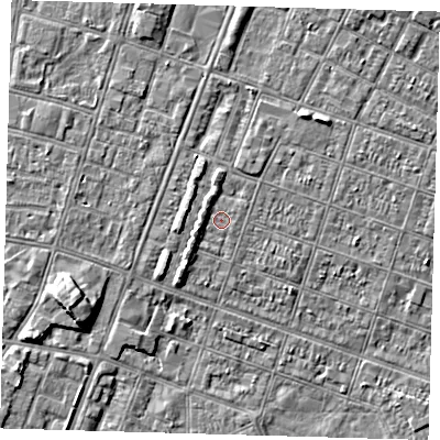 Shaded relief map of the ground around DN327PG, computed from Environment Agency LiDAR. The ground here sits at about 3 m above sea level and falls 5 m across the surrounding 800 m. Surface water reaching this point runs off ground lying to the north-west, 1.2 m higher.