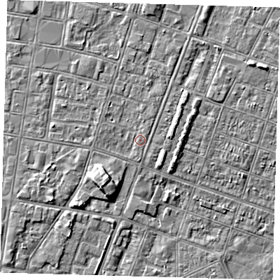 Shaded relief map of the ground around DN327PJ, computed from Environment Agency LiDAR. The ground here sits at about 3 m above sea level and falls 5 m across the surrounding 800 m. Surface water reaching this point runs off ground lying to the north, 1.4 m higher.
