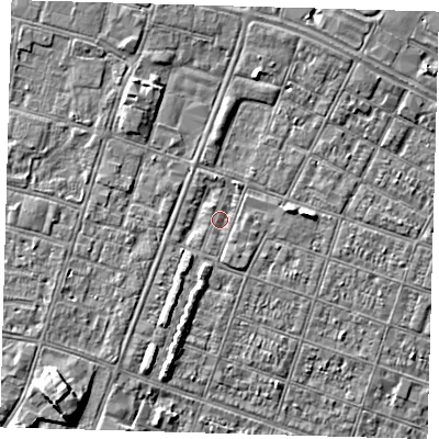 Shaded relief map of the ground around DN327PL, computed from Environment Agency LiDAR. The ground here sits at about 3 m above sea level and falls 5 m across the surrounding 800 m. Surface water reaching this point runs off ground lying to the east, 2.2 m higher.