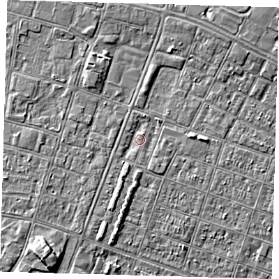 Shaded relief map of the ground around DN327PP, computed from Environment Agency LiDAR. The ground here sits at about 3 m above sea level and falls 5 m across the surrounding 800 m. Surface water reaching this point runs off ground lying to the east, 2.2 m higher.