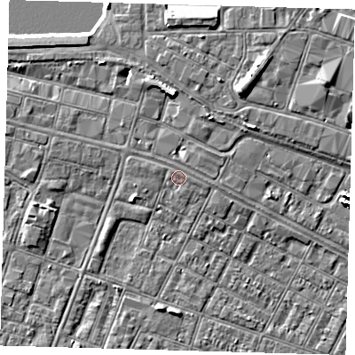 Shaded relief map of the ground around DN327PR, computed from Environment Agency LiDAR. The ground here sits at about 4 m above sea level and falls 9 m across the surrounding 800 m. The ground contributing surface water to this point lies to the east-south-east.