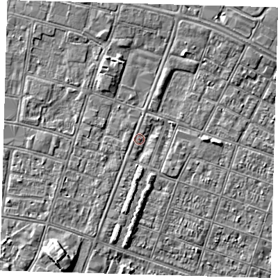 Shaded relief map of the ground around DN327PZ, computed from Environment Agency LiDAR. The ground here sits at about 3 m above sea level and falls 5 m across the surrounding 800 m. Surface water reaching this point runs off ground lying to the east, 2.3 m higher.