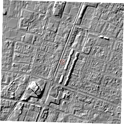 Shaded relief map of the ground around DN327QB, computed from Environment Agency LiDAR. The ground here sits at about 3 m above sea level and falls 5 m across the surrounding 800 m. Surface water reaching this point runs off ground lying to the north-east, 1.2 m higher.