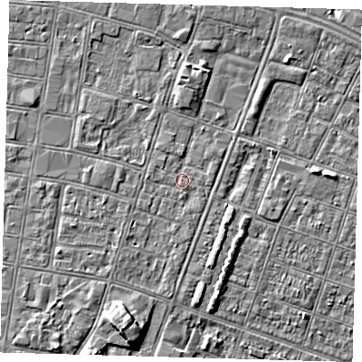 Shaded relief map of the ground around DN327QD, computed from Environment Agency LiDAR. The ground here sits at about 3 m above sea level and falls 5 m across the surrounding 800 m. Surface water reaching this point runs off ground lying to the north-east, 2.0 m higher.